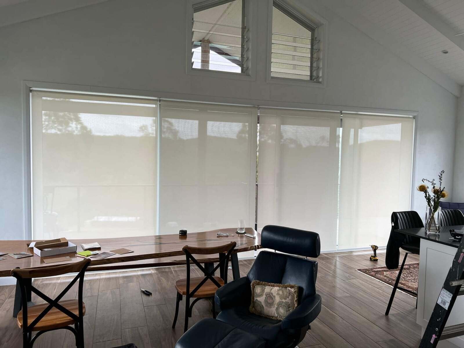 Sheer Roller Blinds – Central Coast Install Sheer roller blinds installed in a Central Coast living area providing daytime privacy with a clear outdoor view