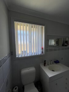 Vertical blinds for bathroom window providing privacy and moisture resistance