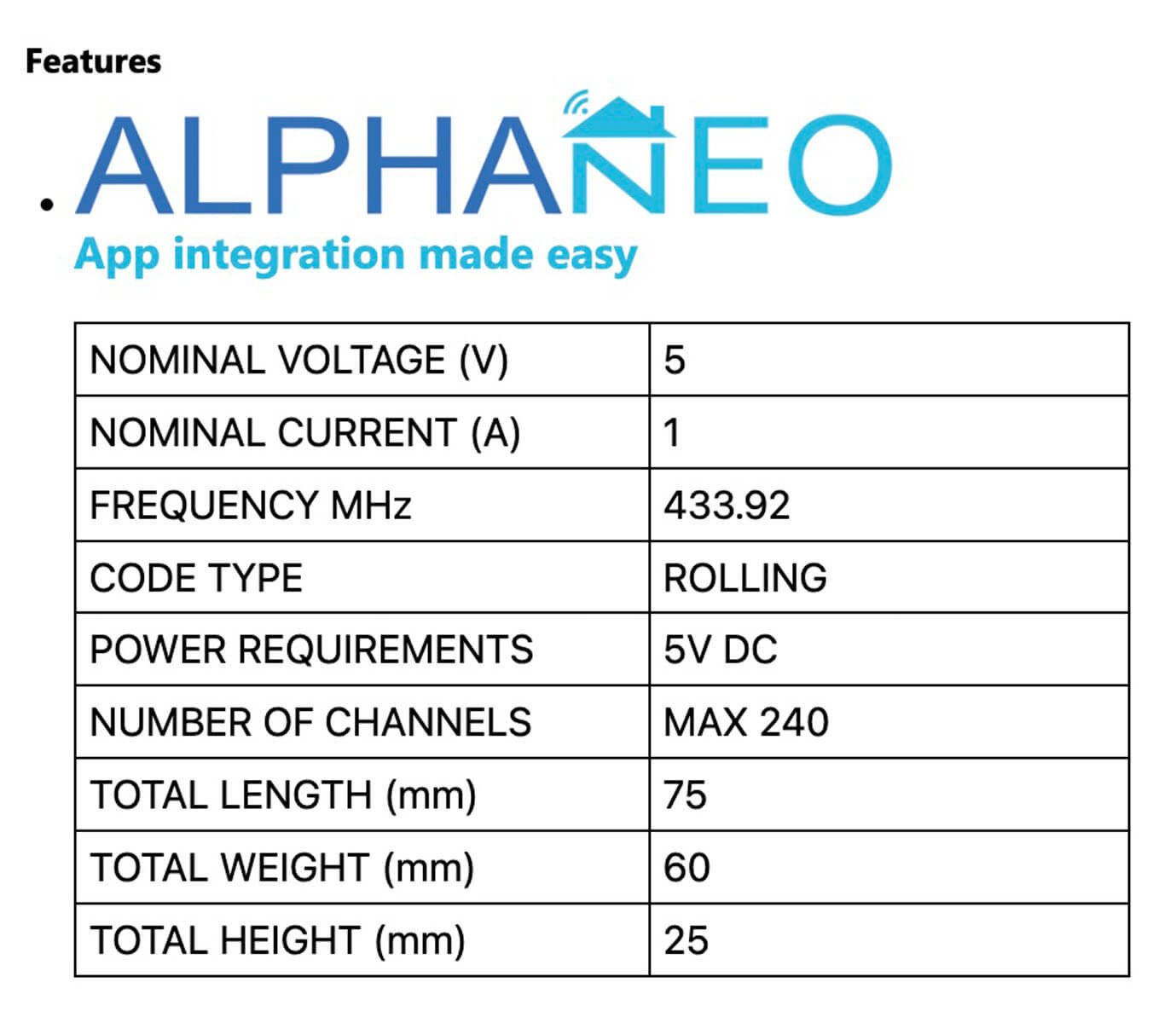 Alpha Neo Smart Hub technical specifications showing voltage, current, frequency, code type, power requirements, and dimensions