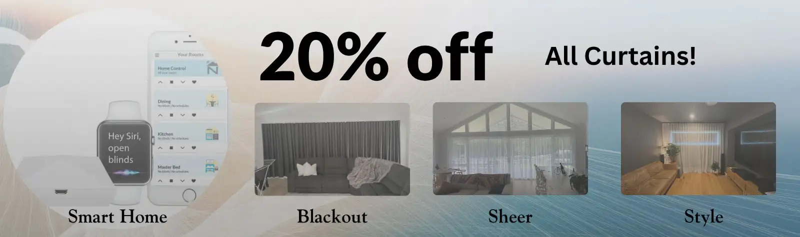 20% off custom curtains Central Coast — limited-time offer by The Blind Crew.