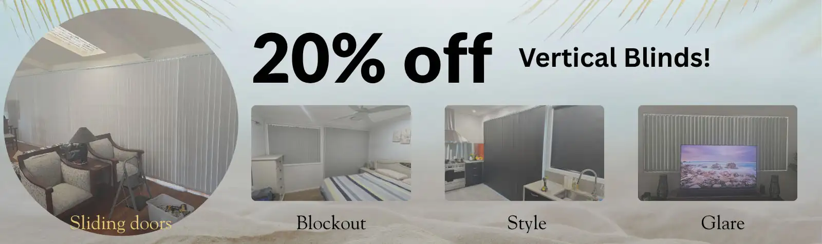 20% Off Vertical Blinds Central Coast – The Blind Crew Promotional banner advertising 20% off custom vertical blinds – Central Coast offer from The Blind Crew.