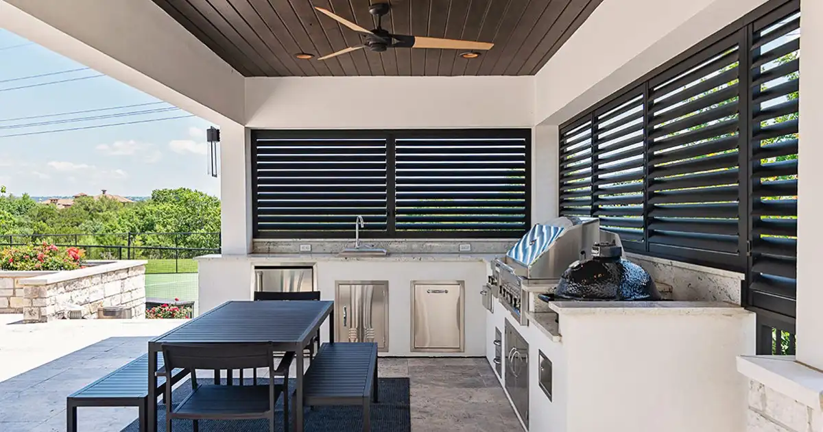 Plantation Shutters for Alfresco Plantation shutters for alfresco areas providing shade, privacy, and year-round outdoor comfort.