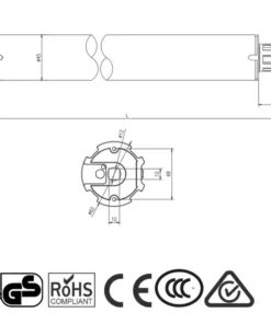 Dimensions diagram showing the Alpha WSER50 50/13 Universal Motor’s 600mm length and 45mm motor body.
