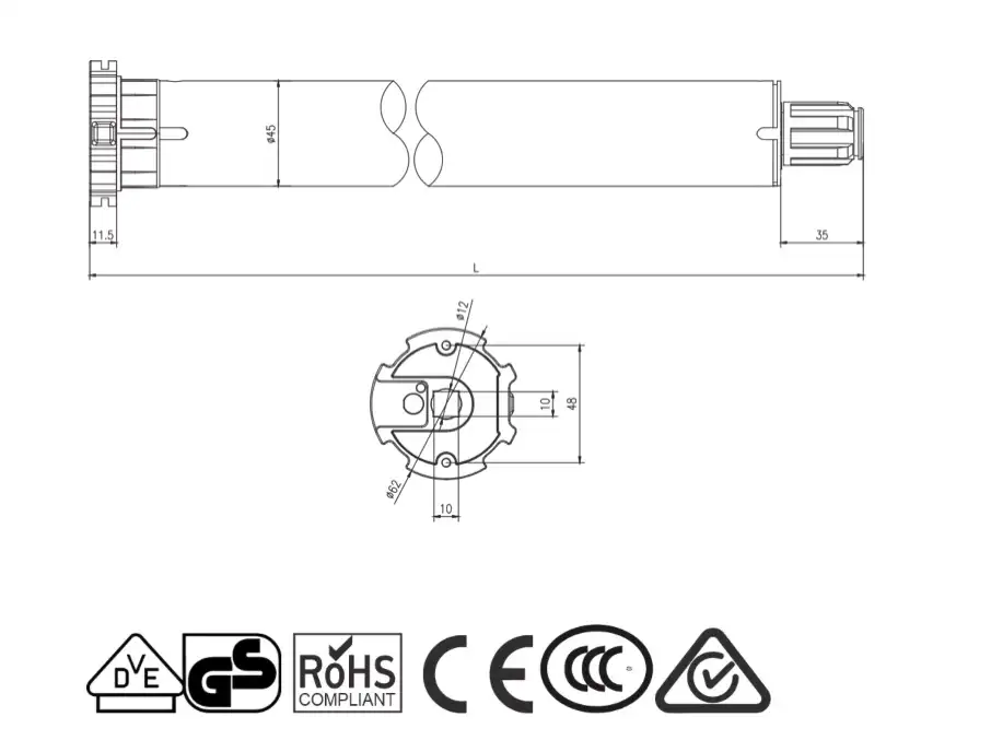 Dimensions diagram showing the Alpha WSER50 50/13 Universal Motor’s 600mm length and 45mm motor body.