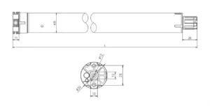 Dimensions diagram of the Alpha WSER40 10/14 Universal Roller Blind Motor showing total length, diameter, and component layout.