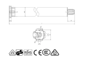 Dimensions diagram for the Alpha WSER50 30/17 Universal Motor showing 570mm length and 45mm motor body.