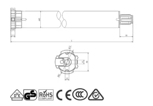 Dimensions diagram of the Alpha WSER50 30/17 Universal (no Molex) Motor showing 570mm length and 45mm diameter.