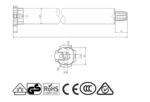 Dimensions diagram for the Alpha WSER50 10/27 Universal Motor showing 570mm length and 45mm motor body.