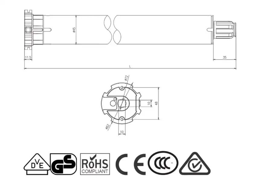 Dimensions diagram for the Alpha WSER50 10/27 Universal Motor showing 570mm length and 45mm motor body.