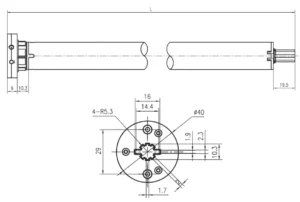 Technical dimensions diagram for the Alpha WSERD30-B 1/30 C roller blind motor