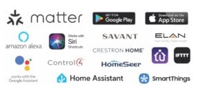 Smart home platforms compatible with the Alpha Neo Link Box, including Matter, Google Assistant, Alexa, Siri, Savant, Control4, ELAN, HomeSeer, Home Assistant, SmartThings, Crestron, and more.
