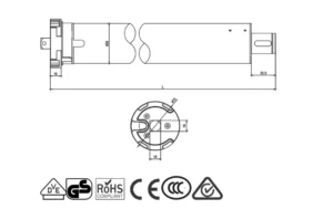 Technical dimension diagram of the Alpha WSER60 100/12 Universal Motor showing full length and motor head specifications.