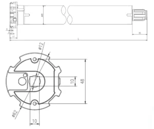Dimensions diagram for the Alpha WSER50 G 20/17 Universal Grey tubular motor showing total length, diameter, and component structure.