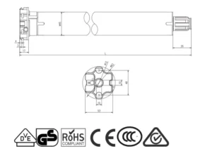 Dimensions diagram of the Alpha WSER50 OD 30/17 Motor showing total length and motor head design.