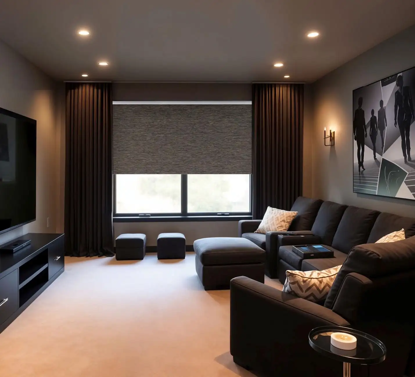 Family rumpus room with blinds for rumpus rooms installed in a wide landscape view