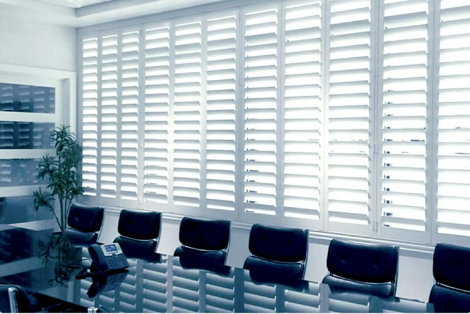 Plantation shutters used as office blinds in a wide office view, providing glare control and privacy